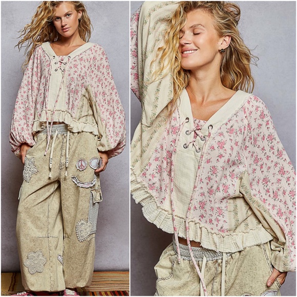 POL floral Print Cotton lace up Balloon Sleeve Blouse - Picture 7 of 7